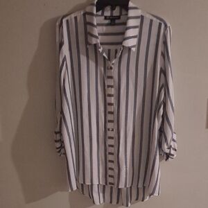 INC International Concepts White and Navy Vertical-Stripe Button Down Shirt